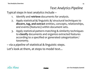 Glossary: Information in TextEntity: Typically a name (person, place, organization, etc.) or a patterned composite (phone number, e-mail address).Concept: An abstract entity or collection of entities.Feature: An element of interest, e.g., an entity, concept, topic, event, fact, relationship, etc.Metadata: Descriptive information such as author, title, publication date, file type and size.Information Extraction (IE) involves pulling metadata, features & their attributes out of textual sources. Co-reference: Multiple expressions that describe the same thing.  Anaphora including pronoun use is an example:John pushed Max. He fell.John pushed Max. He laughed.-- Laure Vieu and Patrick Saint-Dizier