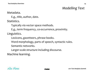 Glossary: MethodsNatural Language Processing (NLP)‏: Computers hear humans.Parsing: Evaluating the content of a document or text.Tokenization: Identification of distinct elements, e.g., words, punctuation marks, n-grams.Stemming/Lemmatization: Reducing word variants (conjugation, declension, case, pluralization) to bases.Term reduction: Use of synonyms, taxonomy, similarity measures to group like terms.Tagging: Wrapping XML tags around distinct features, a.k.a. text augmentation.  May involve text enrichment.POS Tagging: Specifically identifying parts of speech via syntactic analysis.