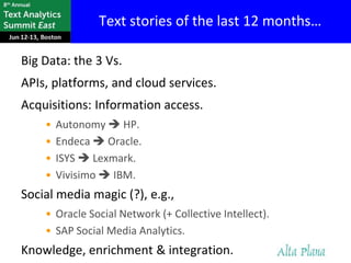 Text stories of the last 12 months…

Big Data: the 3 Vs.
APIs, platforms, and cloud services.
Acquisitions: Information access.
    •   Autonomy  HP.
    •   Endeca  Oracle.
    •   ISYS  Lexmark.
    •   Vivisimo  IBM.
Social media magic (?), e.g.,
    • Oracle Social Network (+ Collective Intellect).
    • SAP Social Media Analytics.
Knowledge, enrichment & integration.
 