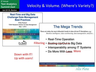 Velocity & Volume. (Where’s Variety?)




                 Filtering

                                  More
Down with IT!
Up with users!
 