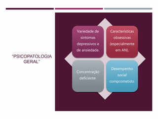 “PSICOPATOLOGIA
GERAL”
Variedade de
sintomas
depressivos e
de ansiedade.
Características
obsessivas
(especialmente
em AN).
Concentração
deficiente.
Desempenho
social
comprometido.
 