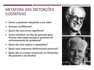 METÁFORA DAS DISTORÇÕES
COGNITIVAS
 Como o paciente interpreta a sua vida?
 Eventos conflitantes?
 Quais são seus erros cognitivos?
 Como interferir na fala do paciente para
formas mais esperançosas e passíveis de
enfrentamento do problema?
 Quais são suas regras e suposições?
 Quais seus esquemas disfuncionais precoces?
 Quais são as crenças irracionais ou demandas
do paciente e da família?
 