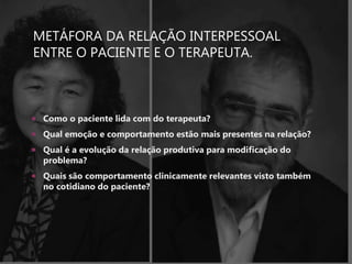 METÁFORA DA RELAÇÃO INTERPESSOAL
ENTRE O PACIENTE E O TERAPEUTA.
 Como o paciente lida com do terapeuta?
 Qual emoção e comportamento estão mais presentes na relação?
 Qual é a evolução da relação produtiva para modificação do
problema?
 Quais são comportamento clinicamente relevantes visto também
no cotidiano do paciente?
 