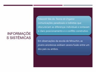 INFORMAÇÕE
S SISTÊMICAS
Palazzoli fala da Teoria do Engano:
comunicações paradoxais e indiretas que
obscureciam as diferenças individuais e evitavam
o claro posicionamento e o conflito construtivo.
Em observações da escola de Minuchin, as
jovens anoréxicas exibiam severa fusão entre um
dos pais ou ambos.
 