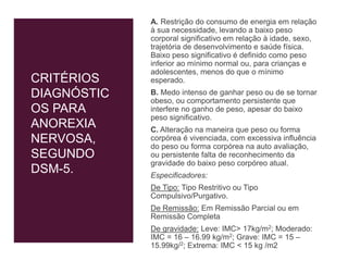 CRITÉRIOS
DIAGNÓSTIC
OS PARA
ANOREXIA
NERVOSA,
SEGUNDO
DSM-5.
A. Restrição do consumo de energia em relação
à sua necessidade, levando a baixo peso
corporal significativo em relação à idade, sexo,
trajetória de desenvolvimento e saúde física.
Baixo peso significativo é definido como peso
inferior ao mínimo normal ou, para crianças e
adolescentes, menos do que o mínimo
esperado.
B. Medo intenso de ganhar peso ou de se tornar
obeso, ou comportamento persistente que
interfere no ganho de peso, apesar do baixo
peso significativo.
C. Alteração na maneira que peso ou forma
corpórea é vivenciada, com excessiva influência
do peso ou forma corpórea na auto avaliação,
ou persistente falta de reconhecimento da
gravidade do baixo peso corpóreo atual.
Especificadores:
De Tipo: Tipo Restritivo ou Tipo
Compulsivo/Purgativo.
De Remissão: Em Remissão Parcial ou em
Remissão Completa
De gravidade: Leve: IMC> 17kg/m2; Moderado:
IMC = 16 – 16.99 kg/m2; Grave: IMC = 15 –
15.99kg/2; Extrema: IMC < 15 kg /m2
 