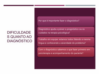 DIFICULDADE
S QUANTO AO
DIAGNÓSTICO
Por que é importante fazer o diagnóstico?
Diagnóstico ajuda a prever o prognóstico ou os
cuidados na terapia psicológica?
Trabalho em equipe: estamos todos falando a mesma
língua e conhecendo a severidade do problema?
Com o diagnóstico sabemos o que fazer primeiro em
psicoterapia e acompanhamento do paciente?
 