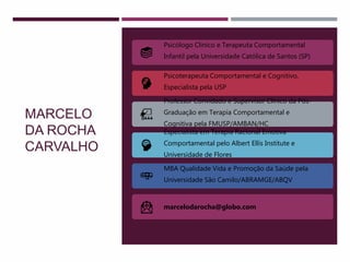 MARCELO
DA ROCHA
CARVALHO
Psicólogo Clínico e Terapeuta Comportamental
Infantil pela Universidade Católica de Santos (SP)
Psicoterapeuta Comportamental e Cognitivo,
Especialista pela USP
Professor Convidado e Supervisor Clínico da Pós-
Graduação em Terapia Comportamental e
Cognitiva pela FMUSP/AMBAN/HC
Especialista em Terapia Racional Emotiva
Comportamental pelo Albert Ellis Institute e
Universidade de Flores
MBA Qualidade Vida e Promoção da Saúde pela
Universidade São Camilo/ABRAMGE/ABQV
marcelodarocha@globo.com
 