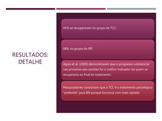 RESULTADOS:
DETALHE
45% se recuperaram no grupo de TCC;
08% no grupo de PIP.
Agras et al. (2000) demonstraram que o progresso substancial
nas primeiras seis sessões foi o melhor indicador de quem se
recuperaria ao final do tratamento.
Pesquisadores concluíram que a TCC é o tratamento psicológico
“preferido” para BN porque funciona com mais rapidez.
 