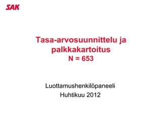 Tasa-arvosuunnittelu ja
   palkkakartoitus
         N = 653


  Luottamushenkilöpaneeli
       Huhtikuu 2012
 