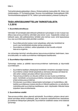 23
Työmarkkinakeskusjärjestöjen (Akava, Elinkeinoelämän keskusliitto EK, Kirkon työ-
markkinalaitos, KT Kuntatyönantajat, Suomen Ammattiliittojen Keskusjärjestö SAK,
Toimihenkilökeskusjärjestö STTK, Valtion työmarkkinalaitos) yhdessä hyväksymä
TASA-ARVOSUUNNITTELUN TARKISTUSLISTA
1.3.2016
1. Suunnitteluvelvollisuus
Vähintään 30 työntekijää säännöllisesti työllistävien työnantajien on lain mukaan laa-
dittava tasa-arvosuunnitelma vähintään joka toinen vuosi. Työpaikoilla voidaan pai-
kallisesti sopia, että palkkakartoitus tehdään joka kolmas vuosi; siinä tapauksessa
muu osa suunnitelmasta pitää päivittää vuosittain.
	 •	 Suunnitteluvelvoite koskee myös työpaikkoja, joilla koko henkilöstö tai
		 suurin osa henkilöstöstä edustaa samaa sukupuolta.
	 •	 Suunnitelma on tehtävä, vaikka työpaikalla ei olisi havaittu erityisiä
		tasa-arvo-ongelmia.
Jos työnantaja laiminlyö velvollisuutensa tasa-arvosuunnitelman laatimiseen, tasa-
arvovaltuutettu voi vaatia suunnitelmaa määräajassa laadittavaksi.
2. Suunnittelun käynnistäminen
Työnantaja vastaa ja päättää tasa-arvosuunnitelman laatimisesta ja käynnistää
suunnittelutyön.
	 •	 Suunnitelma laaditaan yhteistyössä henkilöstön nimeämien edustajien kanssa.
	 •	 Suunnitelma voidaan tehdä työpaikalla jo olemassa olevassa ryhmässä tai 		
		 sitä varten voidaan perustaa erillinen tasa-arvoryhmä.
	 •	 Tasa-arvosuunnitelma voi olla joko erillinen tai osa muuta suunnitelmaa 	 	
		 (esim. henkilöstö- ja koulutussuunnitelma, työsuojelun toimintaohjelma tai 		
		yhdenvertaisuussuunnitelma).
	 •	 Onnistuneen suunnittelun takaamiseksi työnantajan on huolehdittava, että
		 kaikilla suunnittelussa mukana olevilla on riittävät osallistumis- ja vaikuttamis-
		 mahdollisuudet suunnitelmaa laadittaessa, esim. käytössään riittävästi tietoa
		työpaikan tasa-arvotilanteesta.
3. Suunnitelman sisältö
Tasa-arvosuunnittelu alkaa yleensä selvityksillä. Suunnittelun pohjana olevat selvi-
tykset kannattaa tehdä huolellisesti, jotta ne tarjoavat mahdollisimman laadukkaan
ja luotettavan faktapohjan jatkotyölle. Suunnitelman sisällöstä vastaa viime kädessä
työnantaja.
Liite 1.
 