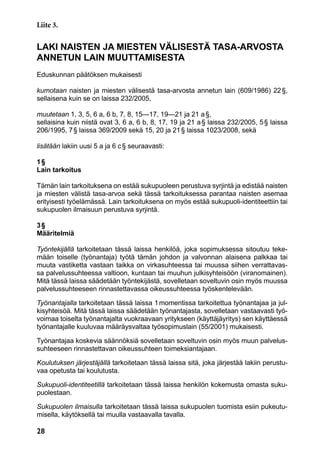 28
LAKI NAISTEN JA MIESTEN VÄLISESTÄ TASA-ARVOSTA
ANNETUN LAIN MUUTTAMISESTA
Eduskunnan päätöksen mukaisesti
kumotaan naisten ja miesten välisestä tasa-arvosta annetun lain (609/1986) 22 §,
sellaisena kuin se on laissa 232/2005,
muutetaan 1, 3, 5, 6 a, 6 b, 7, 8, 15—17, 19—21 ja 21 a §,
sellaisina kuin niistä ovat 3, 6 a, 6 b, 8, 17, 19 ja 21 a § laissa 232/2005, 5 § laissa
206/1995, 7 § laissa 369/2009 sekä 15, 20 ja 21 § laissa 1023/2008, sekä
lisätään lakiin uusi 5 a ja 6 c § seuraavasti:
1 §
Lain tarkoitus
Tämän lain tarkoituksena on estää sukupuoleen perustuva syrjintä ja edistää naisten
ja miesten välistä tasa-arvoa sekä tässä tarkoituksessa parantaa naisten asemaa
erityisesti työelämässä. Lain tarkoituksena on myös estää sukupuoli-identiteettiin tai
sukupuolen ilmaisuun perustuva syrjintä.
3 §
Määritelmiä
Työntekijällä tarkoitetaan tässä laissa henkilöä, joka sopimuksessa sitoutuu teke-
mään toiselle (työnantaja) työtä tämän johdon ja valvonnan alaisena palkkaa tai
muuta vastiketta vastaan taikka on virkasuhteessa tai muussa siihen verrattavas-
sa palvelussuhteessa valtioon, kuntaan tai muuhun julkisyhteisöön (viranomainen).
Mitä tässä laissa säädetään työntekijästä, sovelletaan soveltuvin osin myös muussa
palvelussuhteeseen rinnastettavassa oikeussuhteessa työskentelevään.
Työnantajalla tarkoitetaan tässä laissa 1 momentissa tarkoitettua työnantajaa ja jul-
kisyhteisöä. Mitä tässä laissa säädetään työnantajasta, sovelletaan vastaavasti työ-
voimaa toiselta työnantajalta vuokraavaan yritykseen (käyttäjäyritys) sen käyttäessä
työnantajalle kuuluvaa määräysvaltaa työsopimuslain (55/2001) mukaisesti.
Työnantajaa koskevia säännöksiä sovelletaan soveltuvin osin myös muun palvelus-
suhteeseen rinnastettavan oikeussuhteen toimeksiantajaan.
Koulutuksen järjestäjällä tarkoitetaan tässä laissa sitä, joka järjestää lakiin perustu-
vaa opetusta tai koulutusta.
Sukupuoli-identiteetillä tarkoitetaan tässä laissa henkilön kokemusta omasta suku-
puolestaan.
Sukupuolen ilmaisulla tarkoitetaan tässä laissa sukupuolen tuomista esiin pukeutu-
misella, käytöksellä tai muulla vastaavalla tavalla.
Liite 3.
 