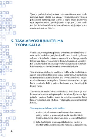 6
Työn ja perhe-elämän joustava yhteensovittaminen on konk-
reettinen keino edistää tasa-arvoa. Työpaikoilla on hyvä sopia
pelisäännöt perhevapaiden ajaksi ja sopia myös joustavasta
työn organisoinnista (työaikajoustot, etätyö ym.). Lisää konk-
reettisia keinoja esitellään työmarkkinakeskusjärjestöjen yhtei-
sessä suosituksessa (liite 3).
Vähintään 30 hengen työpaikalla työnantajan on laadittava ta-
sa-arvolain mukainen, erityisesti palkkausta ja muita palvelus-
suhteen ehtoja koskeva tasa-arvosuunnitelma. Sen perusteella
toteutetaan tasa-arvoa edistävät toimet. Sukupuoli-identiteet-
tiin ja sukupuolen ilmaisuun perustuvan syrjinnän ennaltaeh-
käisy on otettava huomioon tasa-arvosuunnittelussa.
Tasa-arvosuunnitelma on laadittava, vaikka koko henkilöstö tai
suurin osa henkilöstöstä olisi samaa sukupuolta. Suunnitelma
on tehtävä siinäkin tapauksessa, että työpaikalla ei olisi havait-
tu erityisiä tasa-arvo-ongelmia. Tasa-arvosuunnitelma on hyvä
laatia vuosittain. Laki velvoittaa laatimaan sen vähintään joka
toinen vuosi.
Tasa-arvosuunnitelma voidaan sisällyttää henkilöstö- ja kou-
lutussuunnitelmaan tai työsuojelun toimintaohjelmaan. Työ-
paikalla voidaan harkita, onko tarkoituksenmukaista laatia
tasa-arvosuunnitelma yhdessä yhdenvertaisuussuunnitelman
kanssa.
Tasa-arvosuunnitelman pitää sisältää:
1.	 selvitys työpaikan tasa-arvotilanteesta ja sen osana
	 erittely naisten ja miesten sijoittumisesta eri tehtäviin
	 (määräaikaiset,osa-aikaiset,esimies- ja johtotehtävät jne.)
2.	 koko henkilöstöä koskeva palkkakartoitus naisten ja
	 miesten tehtävien luokituksesta, palkoista ja palkkaeroista.
5. 	Tasa-arvosuunnitelma
	työpaikalla
 