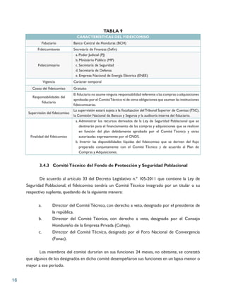 16
TABLA 9
CARACTERÍSTICAS DEL FIDEICOMISO
Fiduciario Banco Central de Honduras (BCH)
Fideicomitente Secretaría de Finanza...