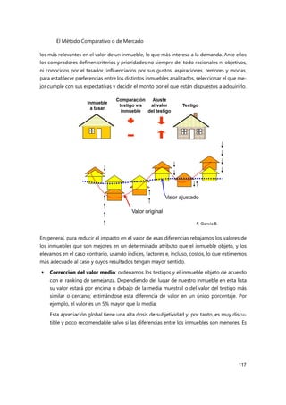 El Método Comparativo o de Mercado
117
los más relevantes en el valor de un inmueble, lo que más interesa a la demanda. Ante ellos
los compradores definen criterios y prioridades no siempre del todo racionales ni objetivos,
ni conocidos por el tasador, influenciados por sus gustos, aspiraciones, temores y modas,
para establecer preferencias entre los distintos inmuebles analizados, seleccionar el que me-
jor cumple con sus expectativas y decidir el monto por el que están dispuestos a adquirirlo.
En general, para reducir el impacto en el valor de esas diferencias rebajamos los valores de
los inmuebles que son mejores en un determinado atributo que el inmueble objeto, y los
elevamos en el caso contrario, usando índices, factores e, incluso, costos, lo que estimemos
más adecuado al caso y cuyos resultados tengan mayor sentido.
 Corrección del valor medio: ordenamos los testigos y el inmueble objeto de acuerdo
con el ranking de semejanza. Dependiendo del lugar de nuestro inmueble en esta lista
su valor estará por encima o debajo de la media muestral o del valor del testigo más
similar o cercano; estimándose esta diferencia de valor en un único porcentaje. Por
ejemplo, el valor es un 5% mayor que la media.
Esta apreciación global tiene una alta dosis de subjetividad y, por tanto, es muy discu-
tible y poco recomendable salvo si las diferencias entre los inmuebles son menores. Es
 