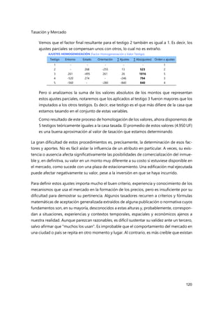 Tasación y Mercado
120
Vemos que el factor final resultante para el testigo 2 también es igual a 1. Es decir, los
ajustes parciales se compensan unos con otros, lo cual no es extraño.
AJUSTES HOMOGENEIZACIÓN (Factor Homogeneización x Valor Testigo)
Testigo Entorno Estado Orientación ∑ Ajustes ∑ Abs(ajustes) Orden x ajustes
1 - - - - - 1
2 - 268 -255 13 523 2
3 261 -495 261 26 1016 5
4 -520 274 - -246 794 3
5 -560 - -280 -840 840 4
Pero si analizamos la suma de los valores absolutos de los montos que representan
estos ajustes parciales, notaremos que los aplicados al testigo 3 fueron mayores que los
imputados a los otros testigos. Es decir, ese testigo es el que más difiere de la casa que
estamos tasando en el conjunto de estas variables.
Como resultado de este proceso de homologación de los valores, ahora disponemos de
5 testigos teóricamente iguales a la casa tasada. El promedio de estos valores (4.950 UF)
es una buena aproximación al valor de tasación que estamos determinando.
La gran dificultad de estos procedimientos es, precisamente, la determinación de esos fac-
tores y aportes. No es fácil aislar la influencia de un atributo en particular. A veces, su exis-
tencia o ausencia afecta significativamente las posibilidades de comercialización del inmue-
ble y, en definitiva, su valor en un monto muy diferente a su costo si estuviese disponible en
el mercado, como sucede con una plaza de estacionamiento. Una edificación mal ejecutada
puede afectar negativamente su valor, pese a la inversión en que se haya incurrido.
Para definir estos ajustes importa mucho el buen criterio, experiencia y conocimiento de los
mecanismos que usa el mercado en la formación de los precios, pero es insuficiente por su
dificultad para demostrar su pertinencia. Algunos tasadores recurren a criterios y fórmulas
matemáticas de aceptación generalizada extraídos de alguna publicación o normativa cuyos
fundamentos son, en su mayoría, desconocidos a estas alturas y, probablemente, correspon-
dan a situaciones, experiencias y contextos temporales, espaciales y económicos ajenos a
nuestra realidad. Aunque parezcan razonables, es difícil sustentar su validez ante un tercero,
salvo afirmar que "muchos los usan". Es improbable que el comportamiento del mercado en
una ciudad o país se repita en otro momento y lugar. Al contrario, es más creíble que existan
 