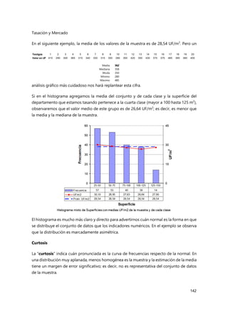 Tasación y Mercado
142
En el siguiente ejemplo, la media de los valores de la muestra es de 28,54 UF/m2
. Pero un
análisis gráfico más cuidadoso nos hará replantear esta cifra.
Si en el histograma agregamos la media del conjunto y de cada clase y la superficie del
departamento que estamos tasando pertenece a la cuarta clase (mayor a 100 hasta 125 m2
),
observaremos que el valor medio de este grupo es de 26,64 UF/m2
; es decir, es menor que
la media y la mediana de la muestra.
El histograma es mucho más claro y directo para advertirnos cuán normal es la forma en que
se distribuye el conjunto de datos que los indicadores numéricos. En el ejemplo se observa
que la distribución es marcadamente asimétrica.
Curtosis
La “curtosis” indica cuán pronunciada es la curva de frecuencias respecto de la normal. En
una distribución muy aplanada, menos homogénea es la muestra y la estimación de la media
tiene un margen de error significativo; es decir, no es representativa del conjunto de datos
de la muestra.
Testigos 1 2 3 4 5 6 7 8 9 10 11 12 13 14 15 16 17 18 19 20
Valor en UF 410 290 300 365 310 340 330 315 350 280 350 420 350 430 370 375 485 390 380 400
Media 362
Mediana 358
Moda 350
Mínimo 280
Máximo 485
 