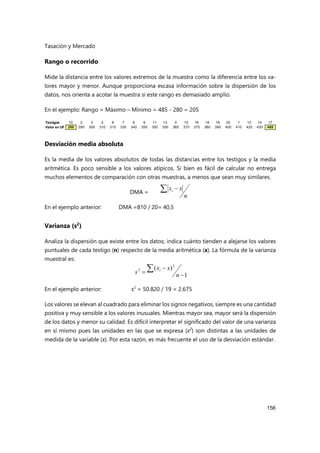 Tasación y Mercado
156
Rango o recorrido
Mide la distancia entre los valores extremos de la muestra como la diferencia entre los va-
lores mayor y menor. Aunque proporciona escasa información sobre la dispersión de los
datos, nos orienta a acotar la muestra si este rango es demasiado amplio.
En el ejemplo: Rango = Máximo – Mínimo = 485 - 280 = 205
Desviación media absoluta
Es la media de los valores absolutos de todas las distancias entre los testigos y la media
aritmética. Es poco sensible a los valores atípicos. Si bien es fácil de calcular no entrega
muchos elementos de comparación con otras muestras, a menos que sean muy similares.
DMA =
En el ejemplo anterior: DMA =810 / 20= 40,5
Varianza (s2
)
Analiza la dispersión que existe entre los datos; indica cuánto tienden a alejarse los valores
puntuales de cada testigo (n) respecto de la media aritmética (x). La fórmula de la varianza
muestral es:
En el ejemplo anterior: s2
= 50.820 / 19 = 2.675
Los valores se elevan al cuadrado para eliminar los signos negativos, siempre es una cantidad
positiva y muy sensible a los valores inusuales. Mientras mayor sea, mayor será la dispersión
de los datos y menor su calidad. Es difícil interpretar el significado del valor de una varianza
en sí mismo pues las unidades en las que se expresa (x2
) son distintas a las unidades de
medida de la variable (x). Por esta razón, es más frecuente el uso de la desviación estándar.
n
x
xi
 
1
)
( 2
2


 
n
x
x
s i
Testigos 10 2 3 5 8 7 6 9 11 13 4 15 16 19 18 20 1 12 14 17
Valor en UF 280 290 300 310 315 330 340 350 350 350 365 370 375 380 390 400 410 420 430 485
 