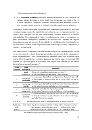 Métodos de Ponderación Matemática
183
 Si la variable es cualitativa, podríamos determinar el interés de cada una de las va-
riables y testigos dentro de un orden simple (por ejemplo, con una escala de 1 a 10),
si somos capaces de comparar a un mismo tiempo todos esos elementos, lo que es
muy complejo cuando aumenta su cantidad, y también podría ser muy subjetivo.
Sin embargo, podemos establecer prioridades entre los elementos de la jerarquía realizando
comparaciones pareadas entre los distintos elementos; es decir, comparaciones entre 2 va-
riables o entre 2 testigos cada vez, pero siempre todos con todos, analizando un determi-
nado atributo en términos de cuánto mejor o importante es uno u otro. La comparación nos
ayuda a discriminar y a expresar la preferencia de uno sobre otro. La síntesis del conjunto
de estos juicios nos arroja una serie de intensidades de prioridades entre el total de elemen-
tos comparados. De esta forma integramos el pensamiento lógico con los sentimientos, la
intuición y la experiencia.
Pero para comparar los elementos necesitamos realizar algún tipo de regla de medición que
nos permita aplicar los criterios de comparación, independientemente de las escalas de me-
dición de cada atributo. Como compararemos los elementos de un nivel en función de un
criterio del nivel superior, las mediciones deben ser del mismo orden de magnitud. AHP
propone una regla conceptual de prioridades o de proporciones denominada “escala fun-
damental de comparación por pares”:
Escala fundamental de comparación por pares (Saaty, 1980)
Escala
numérica
Escala
conceptual
Comentarios
1
Igual
importancia
El criterio A es igual de importante que el criterio B
La alternativa A es similar a la B en el criterio analizado
3
Importancia
moderada
La experiencia y el juicio favorecen ligeramente al criterio A sobre el B
La alternativa A es un poco mejor que la B en el crierio con que se
comparan
5
Importancia
grande
La experiencia y el juicio favorecen fuertemente al criterio A sobre el B
La alternativa A es mejor que la B en el criterio analizado
7
Importancia
muy grande
El criterio A es mucho más importante que el B
La alternativa A es mucho mejor que la B en el criterio analizado
9
Importancia
extrema
La mayor importancia del criterio A sobre el B está fuera de toda duda
Es absolutamente claro que la alternativa A es notoriamente mejor
que la B en lel criterio analizado
2 4 6 8
Recíprocos
de lo
anterior
Valores intermedios entre los anteriores, cuando es necesario matizar
Si el criterio A es de importancia moderada frente al criterio B los valores serían
Alternativa o criterio A frente a criterio B 3/1 (levemente mejor)
Alternativa o criterio B frente a criterio A 1/3 (levemente peor)
 