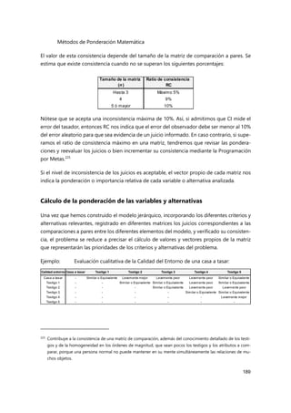 Métodos de Ponderación Matemática
189
El valor de esta consistencia depende del tamaño de la matriz de comparación a pares. Se
estima que existe consistencia cuando no se superan los siguientes porcentajes:
Nótese que se acepta una inconsistencia máxima de 10%. Así, si admitimos que CI mide el
error del tasador, entonces RC nos indica que el error del observador debe ser menor al 10%
del error aleatorio para que sea evidencia de un juicio informado. En caso contrario, si supe-
ramos el ratio de consistencia máximo en una matriz, tendremos que revisar las pondera-
ciones y reevaluar los juicios o bien incrementar su consistencia mediante la Programación
por Metas.225
Si el nivel de inconsistencia de los juicios es aceptable, el vector propio de cada matriz nos
indica la ponderación o importancia relativa de cada variable o alternativa analizada.
Cálculo de la ponderación de las variables y alternativas
Una vez que hemos construido el modelo jerárquico, incorporando los diferentes criterios y
alternativas relevantes, registrado en diferentes matrices los juicios correspondientes a las
comparaciones a pares entre los diferentes elementos del modelo, y verificado su consisten-
cia, el problema se reduce a precisar el cálculo de valores y vectores propios de la matriz
que representarán las prioridades de los criterios y alternativas del problema.
Ejemplo: Evaluación cualitativa de la Calidad del Entorno de una casa a tasar:
225 Contribuye a la consistencia de una matriz de comparación, además del conocimiento detallado de los testi-
gos y de la homogeneidad en los órdenes de magnitud, que sean pocos los testigos y los atributos a com-
parar, porque una persona normal no puede mantener en su mente simultáneamente las relaciones de mu-
chos objetos.
Tamaño de la matriz
(n)
Ratio de consistencia
RC
Hasta 3 Máximo 5%
4 9%
5 ó mayor 10%
Calidad entorno Casa a tasar Testigo 1 Testigo 2 Testigo 3 Testigo 4 Testigo 5
Casa a tasar - Similar o Equivalente Levemente mejor Levemente peor Levemente peor Similar o Equivalente
Testigo 1 - - Similar o Equivalente Similar o Equivalente Levemente peor Similar o Equivalente
Testigo 2 - - - Similar o Equivalente Levemente peor Levemente peor
Testigo 3 - - - - Similar o Equivalente Similar o Equivalente
Testigo 4 - - - - - Levemente mejor
Testigo 5 - - - - - -
 