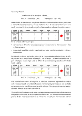 Tasación y Mercado
190
Cuantificación de la Calidad del Entorno:
Ratio de Consistencia: 7,96% (límite para n ≥ 5 = 10%)
La flexibilidad de este método nos permite mejorar la consistencia de la matriz precisando
o matizando las comparaciones pareadas mediante el uso de los valores intermedios de la
escala numérica. Obviamente, además de la exhaustividad, no redundancia y coherencia en-
tre las variables esto requiere que:
 conozcamos en detalle los testigos para apreciar correctamente las diferencias entre ellos
y el bien a tasar, y
 tengamos la capacidad, criterio y experiencia para hacer estos juicios, objetiva e indepen-
dientemente.
Por ejemplo, podemos precisar los valores de las comparaciones replanteándonos la califi-
cación dada en la comparación del Testigo 2 con el Testigo 3, que son similares (valor 1)
pero el Testigo 3 es algo mejor (valor 2). El Ratio de Consistencia mejora sustancialmente de
7,96% a 5,82%.
Ratio de Consistencia: 5,82% (límite para n ≥ 5 = 10%)
Si el nivel de inconsistencia de los juicios es aceptable, obtenemos la ponderación relativa
de la variable analizada sumando las filas de la matriz original y normalizando este resultado
por su suma, con lo que obtenemos una matriz columna. Esta matriz columna es una apro-
ximación al vector propio de la matriz inicial.
Si multiplicamos la matriz original por sí misma y recalculamos su vector propio y repetimos
este proceso varias veces, el vector obtenido se estabilizará. Si la diferencia entre los vectores
propios de dos procesos consecutivos es nula o muy pequeña, sin diferencias del anterior
Calidad
entorno
Casa a
tasar
Testigo
1
Testigo
2
Testigo
3
Testigo
4
Testigo
5
Vector
Propio
Casa a tasar 1 1 3 1/3 1/3 1 0,13123
Testigo 1 1 1 1 1 1/3 1 0,12241
Testigo 2 1/3 1 1 1 1/3 1/3 0,09342
Testigo 3 3 1 1 1 1 1 0,19437
Testigo 4 3 3 3 1 1 3 0,30738
Testigo 5 1 1 3 1 1/3 1 0,15118
Calidad
entorno
Casa a
tasar
Testigo
1
Testigo
2
Testigo
3
Testigo
4
Testigo
5
Vector
Propio
Casa a tasar 1 1 3 1/3 1/3 1 0,12777
Testigo 1 1 1 1 1 1/3 1 0,12484
Testigo 2 1/3 1 1 1/2 1/3 1/3 0,07927
Testigo 3 3 1 2 1 1 1 0,20979
Testigo 4 3 3 3 1 1 3 0,30857
Testigo 5 1 1 3 1 1/3 1 0,14976
 