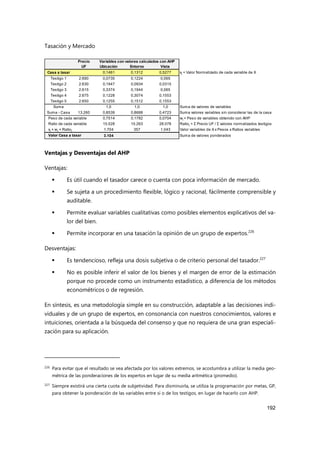Tasación y Mercado
192
Ventajas y Desventajas del AHP
Ventajas:
 Es útil cuando el tasador carece o cuenta con poca información de mercado.
 Se sujeta a un procedimiento flexible, lógico y racional, fácilmente comprensible y
auditable.
 Permite evaluar variables cualitativas como posibles elementos explicativos del va-
lor del bien.
 Permite incorporar en una tasación la opinión de un grupo de expertos.226
Desventajas:
 Es tendencioso, refleja una dosis subjetiva o de criterio personal del tasador.227
 No es posible inferir el valor de los bienes y el margen de error de la estimación
porque no procede como un instrumento estadístico, a diferencia de los métodos
econométricos o de regresión.
En síntesis, es una metodología simple en su construcción, adaptable a las decisiones indi-
viduales y de un grupo de expertos, en consonancia con nuestros conocimientos, valores e
intuiciones, orientada a la búsqueda del consenso y que no requiera de una gran especiali-
zación para su aplicación.
226 Para evitar que el resultado se vea afectada por los valores extremos, se acostumbra a utilizar la media geo-
métrica de las ponderaciones de los expertos en lugar de su media aritmética (promedio).
227
Siempre existirá una cierta cuota de subjetividad. Para disminuirla, se utiliza la programación por metas, GP,
para obtener la ponderación de las variables entre sí o de los testigos, en lugar de hacerlo con AHP.
Precio Variables con valores calculados con AHP
UF Ubicación Entorno Vista
Casa a tasar 0,1461 0,1312 0,5277 xj = Valor Normalizado de cada variable de X
Testigo 1 2.690 0,0735 0,1224 0,065
Testigo 2 2.630 0,1947 0,0934 0,0315
Testigo 3 2.615 0,3374 0,1944 0,065
Testigo 4 2.675 0,1228 0,3074 0,1553
Testigo 5 2.650 0,1255 0,1512 0,1553
Suma 1,0 1,0 1,0 Suma de valores de variables
Suma - Casa 13.260 0,8539 0,8688 0,4723 Suma valores variables sin considerar las de la casa
Peso de cada variable 0,7514 0,1782 0,0704 wj = Peso de variables obtenido con AHP
Ratio de cada variable 15.528 15.263 28.078 Ratioj = Σ Precio UF / Σ valores normalizados testigos
xj × wj × Ratioj 1.704 357 1.043 Valor variables de X x Pesos x Ratios variables
3.104 Suma de valores ponderados
Valor Casa a tasar
 