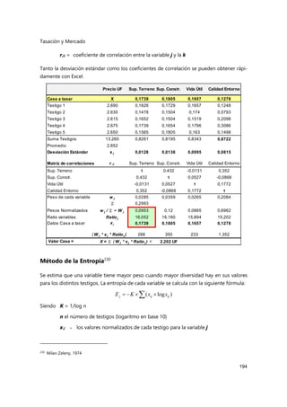 Tasación y Mercado
194
rjk = coeficiente de correlación entre la variable j y la k
Tanto la desviación estándar como los coeficientes de correlación se pueden obtener rápi-
damente con Excel.
Método de la Entropía230
Se estima que una variable tiene mayor peso cuando mayor diversidad hay en sus valores
para los distintos testigos. La entropía de cada variable se calcula con la siguiente fórmula:
Siendo K = 1/log n
n el número de testigos (logaritmo en base 10)
xij = los valores normalizados de cada testigo para la variable j
230 Milan Zeleny, 1974
Precio UF Sup. Terreno Sup. Constr. Vida Útil Calidad Entorno
Casa a tasar X 0,1739 0,1805 0,1657 0,1278
Testigo 1 2.690 0,1826 0,1729 0,1657 0,1248
Testigo 2 2.630 0,1478 0,1504 0,174 0,0793
Testigo 3 2.615 0,1652 0,1504 0,1519 0,2098
Testigo 4 2.675 0,1739 0,1654 0,1796 0,3086
Testigo 5 2.650 0,1565 0,1805 0,163 0,1498
Suma Testigos 13.260 0,8261 0,8195 0,8343 0,8722
Promedio 2.652
Desviación Estándar s j 0,0128 0,0138 0,0095 0,0815
Matriz de correlaciones r jk Sup. Terreno Sup. Constr. Vida Útil Calidad Entorno
Sup. Terreno 1 0,432 -0,0131 0,352
Sup. Constr. 0,432 1 0,0527 -0,0868
Vida Útil -0,0131 0,0527 1 0,1772
Calidad Entorno 0,352 -0,0868 0,1772 1
Peso de cada variable w j 0,0285 0,0359 0,0265 0,2084
Σ 0,2993
Pesos Normalizados w j / Σ = W j 0,0953 0,12 0,0885 0,6962
Ratio variables Ratioj 16.052 16.180 15.894 15.202
Datos Casa a tasar xj 0,1739 0,1805 0,1657 0,1278
266 350 233 1.352
Valor Casa = 2.202 UF
( W j * xj * Ratioj )
X = Σ ( W j * xj * Ratioj ) =
)
log
( ij
ij
j x
x
K
E  



 