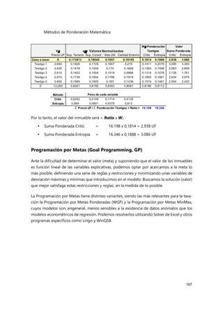 Métodos de Ponderación Matemática
197
Por lo tanto, el valor del inmueble será = Ratio x Wi
 Suma Ponderada Critic = 16.198 x 0,1814 = 2.938 UF
 Suma Ponderada Entropía = 16.346 x 0,1888 = 3.086 UF
Programación por Metas (Goal Programming, GP)
Ante la dificultad de determinar el valor (meta) y suponiendo que el valor de los inmuebles
es función lineal de las variables explicativas, podemos optar por acercarnos a la meta lo
más posible, definiendo una serie de reglas y restricciones y minimizando unas variables de
desviación máximas y mínimas que introducimos en el modelo. Buscamos la solución (valor)
que mejor satisfaga estas restricciones y reglas, en la medida de lo posible.
La Programación por Metas tiene distintas variantes, siendo las más relevantes para la tasa-
ción la Programación por Metas Ponderadas (WGP) y la Programación por Metas MinMax,
cuyos modelos son, engeneral, menos sensibles a la existencia de datos anómalos que los
modelos econométricos de regresión. Podemos resolverlos utilizando Solver de Excel y otros
programas específicos como Lingo y WinQSB.
W i Ponderación Valor
V i xij Valores Normalizados Testigos Suma Ponderada
Precio UF Sup. Terreno Sup. Constr. Vida Útil Calidad Entorno Critic Entropía Critic Entropía
Casa a tasar X 0,173913 0,18045 0,1657 0,19195 0,1814 0,1888 2.938 3.086
Testigo 1 2.690 0,1826 0,1729 0,1657 0,215 0,1911 0,2076 3.095 3.393
Testigo 2 2.630 0,1478 0,1504 0,174 0,1609 0,1583 0,1596 2.563 2.609
Testigo 3 2.615 0,1652 0,1504 0,1519 0,0966 0,1314 0,1078 2.128 1.761
Testigo 4 2.675 0,1739 0,1654 0,1796 0,1919 0,1805 0,1881 2.924 3.075
Testigo 5 2.650 0,1565 0,1805 0,163 0,1436 0,1574 0,1481 2.550 2.422
Σ 13.260 0,8261 0,8195 0,8343 0,8081 0,8186 0,8112
Método
Critic 0,2002 0,2149 0,1714 0,4135
Entropía 0,069 0,0801 0,0379 0,813
Σ Precio UF/ Σ Ponderación Testigos = Ratio = 16.198 16.346
Peso de cada variable
 
