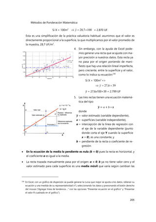 Métodos de Ponderación Matemática
205
Si X = 100m2
= 2.870 UF
Esta es una simplificación de la práctica valuatoria habitual: asumimos que el valor es
directamente proporcional a la superficie, la que multiplicamos por el valor promedio de
la muestra, 28,7 UF/m2
.
4. Sin embargo, con la ayuda de Excel pode-
mos generar una recta que se ajuste con ma-
yor precisión a nuestros datos. Esta recta ya
no pasa por el origen poniendo de mani-
fiesto que hay una relación lineal imperfecta,
pero creciente, entre la superficie y el valor,
como lo indica su ecuación:236
Si X = 100m2
=>
𝑦 = 27,6x100+39 = 2.799 UF
5. Las tres rectas tienen una ecuación matemá-
tica del tipo
𝒚 = 𝑎 + 𝑏 ∗ 𝒙
donde
𝒚 = valor estimado (variable dependiente),
x = superficies (variable independiente),
a = intercepción de la línea de regresión con
el eje de la variable dependiente (punto
donde corta el eje Y cuando la superficie
x = 0); es una constante, y
b = pendiente de la recta o coeficiente de re-
gresión.
 En la ecuación de la media la pendiente es nula (b = 0) pues la recta es horizontal, y
el coeficiente a es igual a la media.
 La recta trazada manualmente pasa por el origen: a = 0, b ya no tiene valor cero y el
valor estimado para cada superficie es una media móvil que varía según cambian las
236 En Excel, con un gráfico de dispersión se puede generar la curva que mejor se ajusta a los datos, obtener su
ecuación y una medida de su representatividad (r2), seleccionando los datos y presionando el botón derecho
del mouse (“Agregar línea de tendencia ...” con las opciones “Presentar ecuación en el gráfico” y “Presentar
el valor R cuadrado en el gráfico”).
100
7
,
28 

 y
39
6
,
27 

 y
 