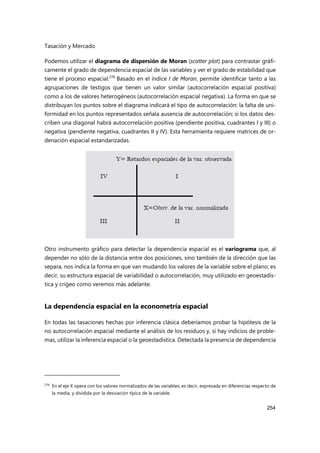 Tasación y Mercado
254
Podemos utilizar el diagrama de dispersión de Moran (scatter plot) para contrastar gráfi-
camente el grado de dependencia espacial de las variables y ver el grado de estabilidad que
tiene el proceso espacial.276
Basado en el índice I de Moran, permite identificar tanto a las
agrupaciones de testigos que tienen un valor similar (autocorrelación espacial positiva)
como a los de valores heterogéneos (autocorrelación espacial negativa). La forma en que se
distribuyan los puntos sobre el diagrama indicará el tipo de autocorrelación: la falta de uni-
formidad en los puntos representados señala ausencia de autocorrelación; si los datos des-
criben una diagonal habrá autocorrelación positiva (pendiente positiva, cuadrantes I y III) o
negativa (pendiente negativa, cuadrantes II y IV). Esta herramienta requiere matrices de or-
denación espacial estandarizadas.
Otro instrumento gráfico para detectar la dependencia espacial es el variograma que, al
depender no sólo de la distancia entre dos posiciones, sino también de la dirección que las
separa, nos indica la forma en que van mudando los valores de la variable sobre el plano; es
decir, su estructura espacial de variabilidad o autocorrelación, muy utilizado en geoestadís-
tica y crigeo como veremos más adelante.
La dependencia espacial en la econometría espacial
En todas las tasaciones hechas por inferencia clásica deberíamos probar la hipótesis de la
no autocorrelación espacial mediante el análisis de los residuos y, si hay indicios de proble-
mas, utilizar la inferencia espacial o la geoestadística. Detectada la presencia de dependencia
276
En el eje X opera con los valores normalizados de las variables; es decir, expresada en diferencias respecto de
la media, y dividida por la desviación típica de la variable.
 