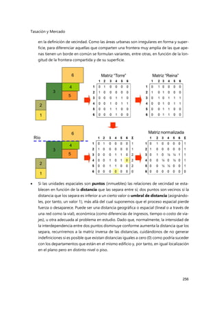 Tasación y Mercado
256
en la definición de vecindad. Como las áreas urbanas son irregulares en forma y super-
ficie, para diferenciar aquellas que comparten una frontera muy amplia de las que ape-
nas tienen un borde en común se formulan variantes, entre otras, en función de la lon-
gitud de la frontera compartida y de su superficie.
 Si las unidades espaciales son puntos (inmuebles) las relaciones de vecindad se esta-
blecen en función de la distancia que las separa entre sí; dos puntos son vecinos si la
distancia que los separa es inferior a un cierto valor o umbral de distancia (asignándo-
les, por tanto, un valor 1), más allá del cual suponemos que el proceso espacial pierde
fuerza o desaparece. Puede ser una distancia geográfica o espacial (lineal o a través de
una red como la vial), económica (como diferencias de ingresos, tiempo o costo de via-
jes), u otra adecuada al problema en estudio. Dado que, normalmente, la intensidad de
la interdependencia entre dos puntos disminuye conforme aumenta la distancia que los
separa, recurriremos a la matriz inversa de las distancias, cuidándonos de no generar
indefiniciones si es posible que existan distancias iguales a cero (0) como podría suceder
con los departamentos que están en el mismo edificio y, por tanto, en igual localización
en el plano pero en distinto nivel o piso.
 