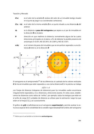 Tasación y Mercado
264
Z(xi) es el valor de la variable Z, residuo del valor de un inmueble testigo situado
en el punto xi (según sus coordenadas cartesianas)
Z(xi + dθ) es el valor de la misma variable Z en un punto situado a una distancia dθ del
anterior
dθ es la distancia o paso del variograma que separa a un par de inmuebles en
la dirección θ en el plano
θ dirección en que medimos la distancia; normalmente alguna de las cuatro
direcciones principales en el plano, a fin de detectar la posible presencia de
anisotropía: E-O (0º), NE-SO (45º), N-S (90º) y NO-SE (135º)
n(dθ) es el número de pares de inmuebles que se encuentran separados a una dis-
tancia d entre sí, en la dirección θ
El variograma es el semipromedio284
de las diferencias al cuadrado de los valores residuales
Z de los n inmuebles que están separados a una cierta distancia d. En la práctica se trabaja
con franjas de distancia (márgenes de tolerancia) pues los inmuebles suelen encontrarse
irregularmente espaciados y no a distancias y direcciones exactas. En estos casos, estable-
cemos las distancias como radios de “anillos”; por ejemplo, todos los testigos que están en
el anillo de rango [0,1] unidades de distancia se utilizan para la estimación, luego los que
están en la franja [1,2], y así sucesivamente.
El gráfico de γ(d) v/s d (distancia) es el variograma experimental y permite analizar la es-
tructura espacial de la variabilidad de la variable regionalizada Z. Del análisis del variograma
284 Motivo por el cual también se le denomina semivariograma.
5 9 14 17 19 25 29 33 36 41
4 8 13 24 28 40
3 7 12 16 23 27 32 35 39
2 6 11 18 22 26 38
1 10 21
15 31 34
30 37
20
1
0,0
5 9 14 17 19 25 29 33 36 41
4 8 13 24 28 40
3 7 12 16 23 27 32 35 39
2 6 11 18 22 26 38
1 10 21
15 31 34
30 37
20
1
0,0
  d
s
v
d /

 