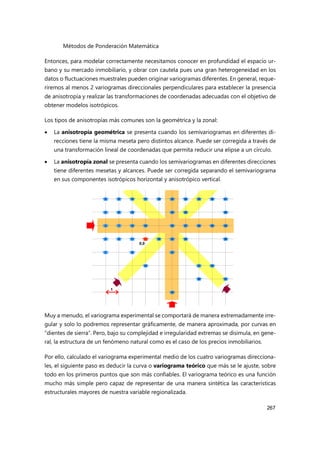 Métodos de Ponderación Matemática
267
Entonces, para modelar correctamente necesitamos conocer en profundidad el espacio ur-
bano y su mercado inmobiliario, y obrar con cautela pues una gran heterogeneidad en los
datos o fluctuaciones muestrales pueden originar variogramas diferentes. En general, reque-
riremos al menos 2 variogramas direccionales perpendiculares para establecer la presencia
de anisotropía y realizar las transformaciones de coordenadas adecuadas con el objetivo de
obtener modelos isotrópicos.
Los tipos de anisotropías más comunes son la geométrica y la zonal:
 La anisotropía geométrica se presenta cuando los semivariogramas en diferentes di-
recciones tiene la misma meseta pero distintos alcance. Puede ser corregida a través de
una transformación lineal de coordenadas que permita reducir una elipse a un círculo.
 La anisotropía zonal se presenta cuando los semivariogramas en diferentes direcciones
tiene diferentes mesetas y alcances. Puede ser corregida separando el semivariograma
en sus componentes isotrópicos horizontal y anisotrópico vertical.
Muy a menudo, el variograma experimental se comportará de manera extremadamente irre-
gular y solo lo podremos representar gráficamente, de manera aproximada, por curvas en
“dientes de sierra”. Pero, bajo su complejidad e irregularidad extremas se disimula, en gene-
ral, la estructura de un fenómeno natural como es el caso de los precios inmobiliarios.
Por ello, calculado el variograma experimental medio de los cuatro variogramas direcciona-
les, el siguiente paso es deducir la curva o variograma teórico que más se le ajuste, sobre
todo en los primeros puntos que son más confiables. El variograma teórico es una función
mucho más simple pero capaz de representar de una manera sintética las características
estructurales mayores de nuestra variable regionalizada.
5 9 14 17 19 25 29 33 36 41
4 8 13 24 28 40
3 7 12 16 23 27 32 35 39
2 6 11 18 22 26 38
1 10 21
15 31 34
30 37
20
1
0,0
5 9 14 17 19 25 29 33 36 41
4 8 13 24 28 40
3 7 12 16 23 27 32 35 39
2 6 11 18 22 26 38
1 10 21
15 31 34
30 37
20
1
0,0
 