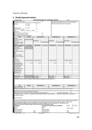 Tasación y Mercado
294
2. Planilla Appraisal Institute
Valuation Section UNIFORM RESIDENTIAL APPRAISAL REPORT File Nº
ESTIMATED SITE VALUE = $
ESTIMATED REPRODUCTION COST-NEW OF IMPROVEMENTS:
Dwelling Sq. Ft. @ $ = $
Sq. Ft. @ $ =
=
Garage/Carport Sq. Ft. @ $ =
Total Estimated Cost New = $
Less Physical Functional External
Depreciation = $
Depreciated Value of Improvements = $
"As-is" Value of Site Improvements = $
INDICATED VALUE BY COST APPROACH = $
ITEM SUBJECT COMPARABLE Nº 1 COMPARABLE Nº 2 COMPARABLE Nº 3
Address
Proximity to Subject
Sales Price $ $ $
Price/Gross Liv. Area $ o $ o $ o
VALUE ADJUSTMENTS DESCRIPTION DESCRIPTION + (-)$Adjustment DESCRIPTION + (-)$Adjustment DESCRIPTION + (-)$Adjustment
Date of Sale /Time
Location
Leasehold /Fee Simple
Site
View
Design and Appeal
Quality of Construction
Age
Condition
Above Grade Total Bdrms Baths Total Bdrms Baths Total Bdrms Baths Total Bdrms Baths
Room Count
Gross Living Area Sq. Ft. Sq. Ft. Sq. Ft. Sq. Ft.
Functional Utility
Heating/Cooling
Energy Efficient Items
Garage / Carport
Fence, Pool, etc.
Net Adj. (total) $ $ $
$ $ $
Comments on Sales Comparison (including the subject property's compatibility to the neighborhood, etc.):
ITEM SUBJECT COMPARABLE Nº 1 COMPARABLE Nº 2 COMPARABLE Nº 3
Analysis of any current agreement of sale, option, or listing of the subject property and analysis of any prior sales of subject and comparables within one year of the date of appraisal:
INDICATED VALUE BY SALES COMPARISON APPROACH = $
INDICATED VALUE BY INCOME APPROACH (If Applicable) Estimated Market Rent $ /Mo. x Gross Rent Multiplier = $
This appraisal is made "as is" subject to the repairs, alterations, inspections, or conditions listed below subject to completion per plans and specifications.
Conditions of Appraisal:
Final Reconciliation:
The purpose of this appraisal is to estimate the market value of the real property that is the subject of this report, based on the above conditions and the certification,
contingent and limiting conditions, and market value definition that are stated in the attached Freddie Mac Form 439/Fannie Mae Form 1004B (Revised )
I (WE) ESTIMATE THE MARKET VALUE, AS DEFINED, OF THE REAL PROPERTY THAT IS THE SUBJECT OF THIS REPORT, AS OF
(WHICH IS THE DATE OF INSPECTION AND THE EFFECTIVE DATE OF THIS REPORT TO BE $
APPRAISER: SUPERVISORY APPRAISER (ONLY IF REQUIRED): Did Did Not
Signature Signature
Name Name Inspect Property
Date Report Signed Date Report Signed
State Certification # State State Certification # State
Or State License # State Or State License # State
Freddie Mac Form 70 6-93 PAGE 2 OF 2 Fannie Mae Form 1004 6-93
RECONCILIATION
SALES
COMPARISON
ANALYSIS
COST
APPROACH
Comments on Cost Approach (such as, source of cost estimate, site
value, square foot calculation and, for HUD, VA, and FmHA, the
estimated remaining economic life of the property):
Porch, Patio, Deck,
Fireplace(s), etc.
Adjusted Sales Price of
Comparable
Date, Price and Data
Source for prior sales
Data and/or Verification
Sources
Sales or Financing
Concessions
Basement & Finished
Rooms Below Grade
+ - + - + -
 