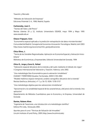 Tasación y Mercado
298
“Métodos de Valoración de Empresas”
Ediciones Pirámide S. A., 1998, Madrid, España
Cachanosky, Juan C.
“Teorías del Valor y del Precio”
Revista Libertas 20 y 22, Instituto Universitario ESEADE, mayo 1994 y Mayo 1995
www.eseade.edu.ar
Chasco Yrigoyen, Coro
“Econometría espacial aplicada a la predicción-extrapolación de datos microterritoriales”
Comunidad de Madrid. Consejería de Economía e Innovación Tecnológica. Madrid, sbril 2003
http://www.madrid.org/ceconomia/infor_gral/publicaciones
Chica Olmo, J.
“Teoría de las Variables Regionalizadas. Aplicación en Economía Espacial y Valoración Inmo-
biliaria”
Biblioteca de Económicas y Empresariales, Editorial Universidad de Granada, 1994
Chica O., Jorge y Cano G., Rafael
“Valoración espacial del precio de la vivienda y del suelo mediante el método de crigeo”
I Congreso Internacional de Valoración y Tasación, Valencia, Julio 2002.
“Una metodología Geo-Econométrica para la valoración inmobiliaria”
CIUDAD Y TERRITORIO Estudios Territoriales, XXXVI (139) 2004
“Modelo hedónico espacio-temporal y análisis variográfico del precio de la vivienda”
Revista GeoFocus (Artículos), nº 7, p. 56-72. ISSN: 1578-5157
“Una metodología objetiva para las valoraciones inmobiliarias”
“Aproximación a la variabilidad espacial de las características y del precio de la vivienda. Una
aplicación”
Departamento de Métodos Cuantitativos para la Economía y la Empresa, Universidad de
Granada
Dantas, Rubens Alves
“Ingeniería de Tasaciones, una introducción a la metodología científica”
Editora Pini Ltda., Venezuela 2002.
Apuntes para el curso “Técnicas de Valuación de Inmuebles”
Lincoln Institute of Land Policy, 2009 (http://www.lincolninst.edu)
 