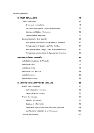 Tasación y Mercado
EL VALOR DE TASACIÓN 45
Certeza y Tasación 47
El mercado inmobiliario 48
Las particularidades de los inmuebles urbanos 55
La disponibilidad de información 55
La finalidad de la tasación 57
Bases conceptuales de la tasación 60
Principio de Sustitución o de Equivalencia Funcional 60
Principio de Contribución o de Valor Residual 61
Principio de Mayor y Mejor Uso o de Máxima Utilidad 62
Principio de Anticipación o de Equivalencia Financiera 63
METODOLOGÍAS DE TASACIÓN 65
Método Comparativo o de Mercado 70
Método de Costo 72
Método de Renta 79
Método de Valor Residual 84
Método Hedónico 86
Método Multicriterio 88
EL MÉTODO COMPARATIVO O DE MERCADO 89
Análisis de la propiedad 91
La localización y vecindario 92
La propiedad en sí misma 93
Análisis del mercado 94
Muestra del mercado 95
Captura de Información 96
La variable espacial: ubicación, ubicación, ubicación 104
Verificación y validación de la información 106
Tasación del inmueble 107
 