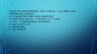 I EFECTIVA POR PERIODO= 20%/2 ANUAL = 10 % POR CADA
PERIODO DE 6 MESES
N=2 TRIMESTRE POR CADA SEMESTRE
I % EFECTIVAANUAL = (1+0.10/2) ^2 -1= 0.1025
N= 2(7) = 14 SEMESTRES; ENTONCES
F= A(F/A,10.25%,14)
F= 500(28,4891)
F= BS. 14244.50
 