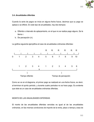 111
111
3.4. Anualidades diferidas
Cuando la serie de pagos se inicia en alguna fecha futura, decimos que su pago se
aplaza o se difiere. En este tipo de anualidades, hay dos tiempos:
a. Diferido o intervalo de aplazamiento, en el que no se realiza pago alguno. Se le
llama r.
b. De percepción (n).
La gráfica siguiente ejemplifica el caso de anualidades ordinarias diferidas:
. R R R R R R
|______|______|______|______|______|______|______|______|______|____|
0 1 2 3 4 5 6 7 8 9 10
1 2 3 4 1 2 3 4 5 6
|_____________ ____________||____________________________________|
| |
Tiempo diferido Tiempo de percepción
Como se ve en el diagrama, el primer pago se realizará en una fecha futura, es decir,
al terminar el quinto periodo, y durante cuatro periodos no se hace pago. Es evidente
que éste es un caso de anualidades ordinarias diferidas.
MONTO DE LAS ANUALIDADES DIFERIDAS
El monto de las anualidades diferidas vencidas es igual al de las anualidades
ordinarias, en las mismas condiciones de importe de la renta, plazo o tiempo y tasa de
 