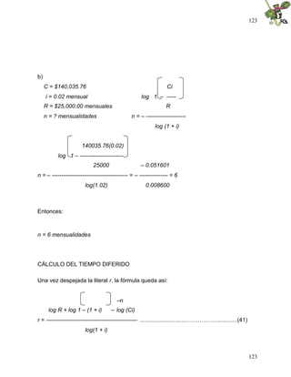 123
123
b)
C = $140,035.76 Ci
i = 0.02 mensual log 1 – -----
R = $25,000.00 mensuales R
n = ? mensualidades n = – ---------------------
log (1 + i)
140035.76(0.02)
log 1 – -----------------------
25000 – 0.051601
n = – ---------------------------------------- = – --------------- = 6
log(1.02) 0.008600
Entonces:
n = 6 mensualidades
CÁLCULO DEL TIEMPO DIFERIDO
Una vez despejada la literal r, la fórmula queda así:
–n
log R + log 1 – (1 + i) – log (Ci)
r = ------------------------------------------------ ..............................…………….............(41)
log(1 + i)
 