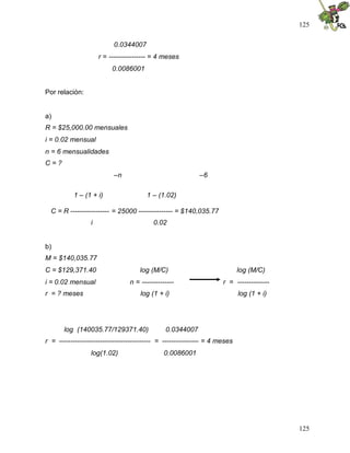 125
125
0.0344007
r = ---------------- = 4 meses
0.0086001
Por relación:
a)
R = $25,000.00 mensuales
i = 0.02 mensual
n = 6 mensualidades
C = ?
–n –6
1 – (1 + i) 1 – (1.02)
C = R ----------------- = 25000 --------------- = $140,035.77
i 0.02
b)
M = $140,035.77
C = $129,371.40 log (M/C) log (M/C)
i = 0.02 mensual n = -------------- r = --------------
r = ? meses log (1 + i) log (1 + i)
log (140035.77/129371.40) 0.0344007
r = ---------------------------------------- = ---------------- = 4 meses
log(1.02) 0.0086001
 