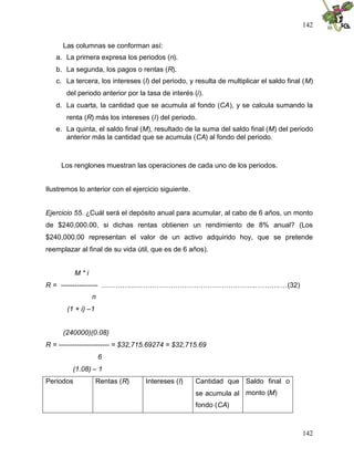 142
142
Las columnas se conforman así:
a. La primera expresa los periodos (n).
b. La segunda, los pagos o rentas (R).
c. La tercera, los intereses (I) del periodo, y resulta de multiplicar el saldo final (M)
del periodo anterior por la tasa de interés (i).
d. La cuarta, la cantidad que se acumula al fondo (CA), y se calcula sumando la
renta (R) más los intereses (I) del periodo.
e. La quinta, el saldo final (M), resultado de la suma del saldo final (M) del periodo
anterior más la cantidad que se acumula (CA) al fondo del periodo.
Los renglones muestran las operaciones de cada uno de los periodos.
Ilustremos lo anterior con el ejercicio siguiente.
Ejercicio 55. ¿Cuál será el depósito anual para acumular, al cabo de 6 años, un monto
de $240,000.00, si dichas rentas obtienen un rendimiento de 8% anual? (Los
$240,000.00 representan el valor de un activo adquirido hoy, que se pretende
reemplazar al final de su vida útil, que es de 6 años).
M * i
R = ---------------- ………….......…………………………………………..……….…(32)
n
(1 + i) –1
(240000)(0.08)
R = ---------------------- = $32,715.69274 = $32,715.69
6
(1.08) – 1
Periodos Rentas (R) Intereses (I) Cantidad que
se acumula al
fondo (CA)
Saldo final o
monto (M)
 