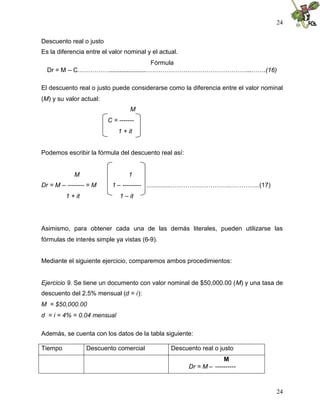 24
24
Descuento real o justo
Es la diferencia entre el valor nominal y el actual.
Fórmula
Dr = M – C…………….....................…………………………………………...…….(16)
El descuento real o justo puede considerarse como la diferencia entre el valor nominal
(M) y su valor actual:
M
C = -------
1 + it
Podemos escribir la fórmula del descuento real así:
M 1
Dr = M – -------- = M 1 – --------- ...............……………………….…………..(17)
1 + it 1 – it
Asimismo, para obtener cada una de las demás literales, pueden utilizarse las
fórmulas de interés simple ya vistas (6-9).
Mediante el siguiente ejercicio, comparemos ambos procedimientos:
Ejercicio 9. Se tiene un documento con valor nominal de $50,000.00 (M) y una tasa de
descuento del 2.5% mensual (d = i):
M = $50,000.00
d = i = 4% = 0.04 mensual
Además, se cuenta con los datos de la tabla siguiente:
Tiempo Descuento comercial Descuento real o justo
M
Dr = M – ----------
 