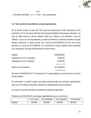 52
52
1/12
i = [(41298.81/97000) + 1] –1 = 0.03 = 3% cuatrimestral
2.3. Tasa nominal, tasa efectiva y tasas equivalentes.
En el interés simple, la tasa del 12% anual es proporcional al 6% semestral, al 3%
trimestral y al 1% mensual. Además de la proporcionalidad de las tasas anteriores –ya
que en ellas existe la misma relación entre sus valores y los periodos a que se
refieren–, son a su vez equivalentes: a pesar de referirse a distintos periodos en igual
tiempo, producen un mismo monto. Así, vemos que $100,000.00 al 12% en un año
generan un monto de $112,000.00. Y si invertimos el mismo capital al 6% semestral
en 2 semestres, formará exactamente el mismo monto:
Capital $100,000.00
Intereses en el 1er. semestre 6,000.00
Intereses en el 2o. semestre 6,000.00
----------------
Monto en 2 semestres $112,000.00
==========
Por tanto, $100,000.00 al 1% mensual en 12 meses llegará a convertirse en el mismo
monto anterior.
En conclusión: a interés simple, las tasas proporcionales son también equivalentes;
pero no en el interés compuesto, debido a la capitalización de los intereses.
Lo anterior se puede corroborar mediante los cálculos siguientes:
Préstamo de $100,000.00 a las tasas capitalizables que se mencionan:
12 % anual 6% semestral 3% trimestral 1% mensual
Capital 100,000 100,000 100,000 100,000
 