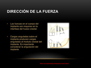 • Las fuerzas en el cuerpo del
implante son mayores en la
interfase del hueso crestal.
• Cargas anguladas sobre el
implante producen cargas
anguladas al modulo crestal del
implante. Es importante
considerar la angulación del
implante
DIRECCIÓN DE LA FUERZA
Misch, Carl, Implantología contemporánea, tercera edición
 