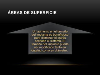 ÁREAS DE SUPERFICIE
Un aumento en el tamaño
del implante es beneficioso
para disminuir el estrés
aplicado al sistema. El
tamaño del implante puede
ser modificado tanto en
longitud como en diámetro.
 