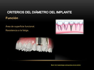Función :
Área de superficie funcional.
Resistencia a la fatiga.
Misch, Carl, Implantología contemporánea, tercera edición
 