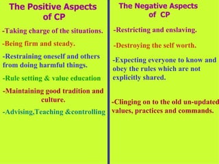 The Positive Aspects of CP -Taking charge of the situations. -Being firm and steady. -Restraining oneself and others  from doing harmful things. -Rule setting & value education -Maintaining good tradition and culture. -Advising,Teaching &controlling The Negative Aspects  of  CP -Restricting and enslaving. -Destroying the self worth. -Expecting everyone to know and  obey the rules which are not  explicitly shared. -Clinging on to the old un-updated values, practices and commands.  