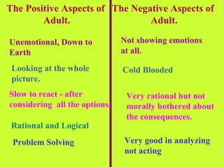 The Positive Aspects of  Adult. The Negative Aspects of  Adult. Unemotional, Down to Earth Looking at the whole picture. Slow to react - after  considering  all the options. Rational and Logical Problem Solving Not showing emotions  at all. Cold Blooded Very rational but not  morally bothered about the consequences. Very good in analyzing not acting  