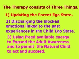The Therapy consists of Three Things. 1)   Updating   the   Parent Ego State . 2) Discharging the blocked emotions linked to the past experiences in the Child Ego State.   3) Using freed available energy to Expand the Adult Awareness and to permit  the Natural Child to act and succeed. 