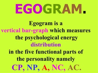 EGO GR AM . Egogram is a  vertical bar-graph  which measures  the psychological energy  distribution  in the five functional parts of  the personality namely  CP,   NP,   A,   NC,   AC. 