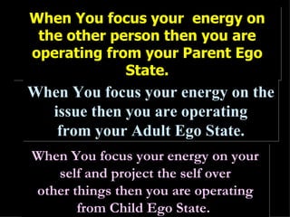 When You focus your  energy on the other person then you are operating from your Parent Ego State. When You focus your energy on the  issue then you are operating  from your Adult Ego State. When You focus your energy on your self and project the self over other things then you are operating from Child Ego State.  